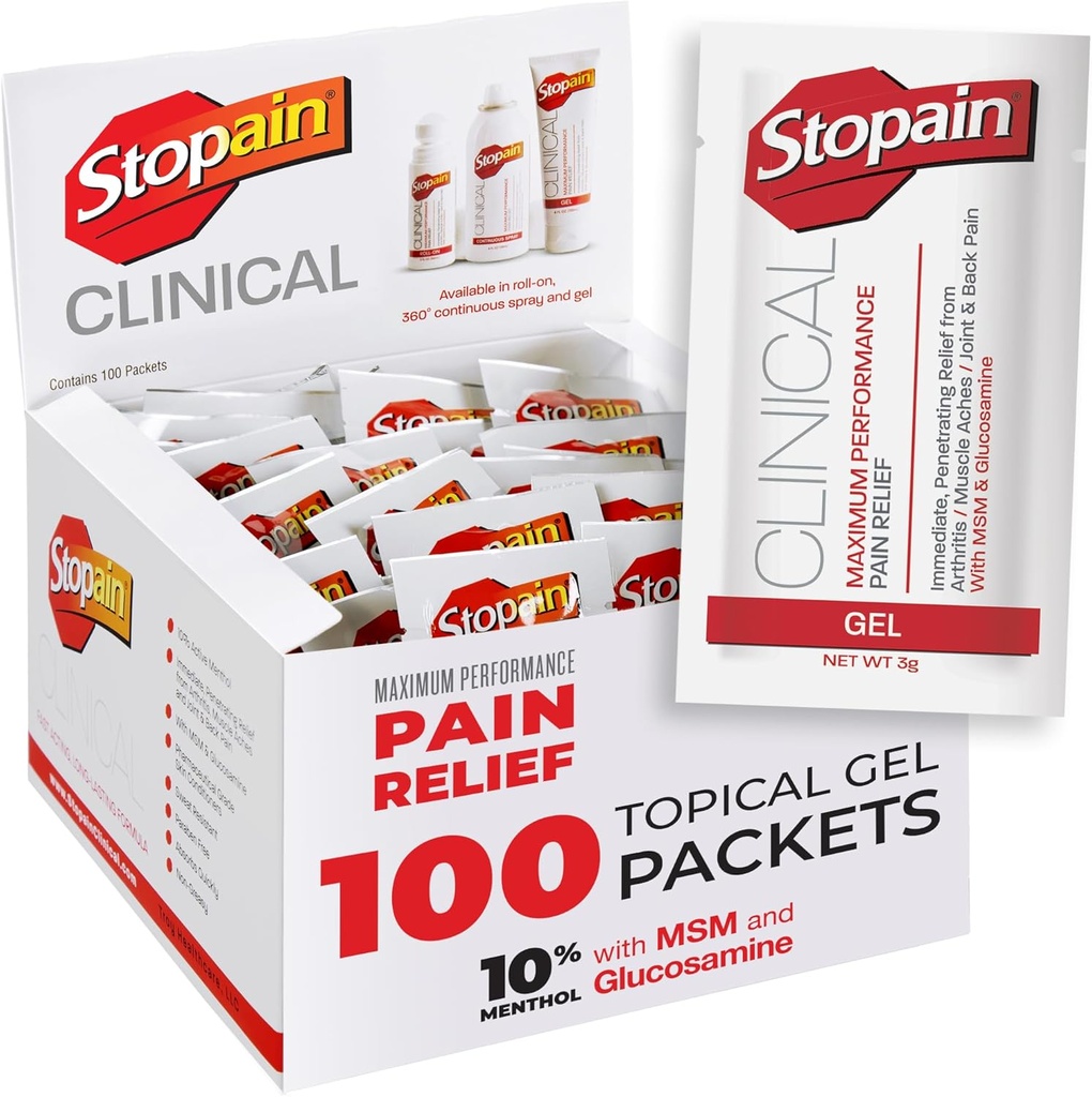 Stopain Pain Relief Clinical Gel Packets, 100 Pack, Made in USA, Maximale Performance Pain Relief met 10% Menthol Plus Glucosamine voor spierpijn, gewrichtspijn en artritis