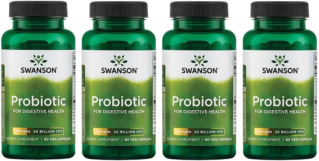 Swanson Probiotic for Dispensive Health GI Tract Immune Support Travelers Support 20 Miljard CFU met Prebiotic FOS 60 Veggie Capsules (4 Pack)