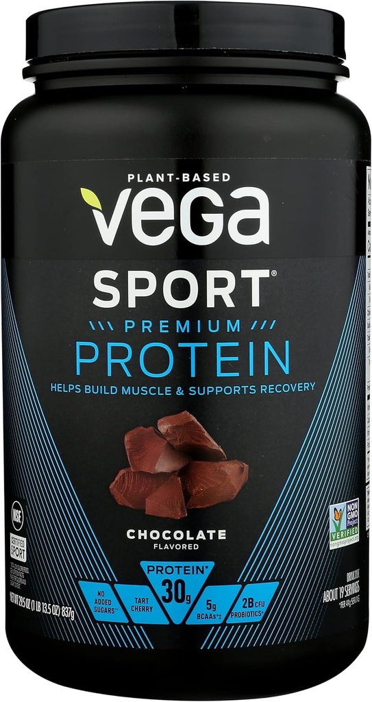 Vega Sport Premium Proteïnepoeder, Chocolate, Vegan, 30g Plant Based Proteïne, 5g BCAA's, Low Carb, Geen Suiker, Keto, Zuivelvrij, Glutenvrij & Non-GMO, Pea Proteïne voor vrouwen en mannen, 29,5 Oz