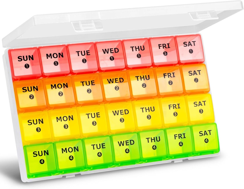 Grote maandelijkse pil Organisator, XL 4 weken pil Box,28 dag pil gevallen Organisator per week, grote compartiment pil container met stof-Proof,voor pillen/Vitamine/Visolie/Supplements,door Yaklim (ROYG)