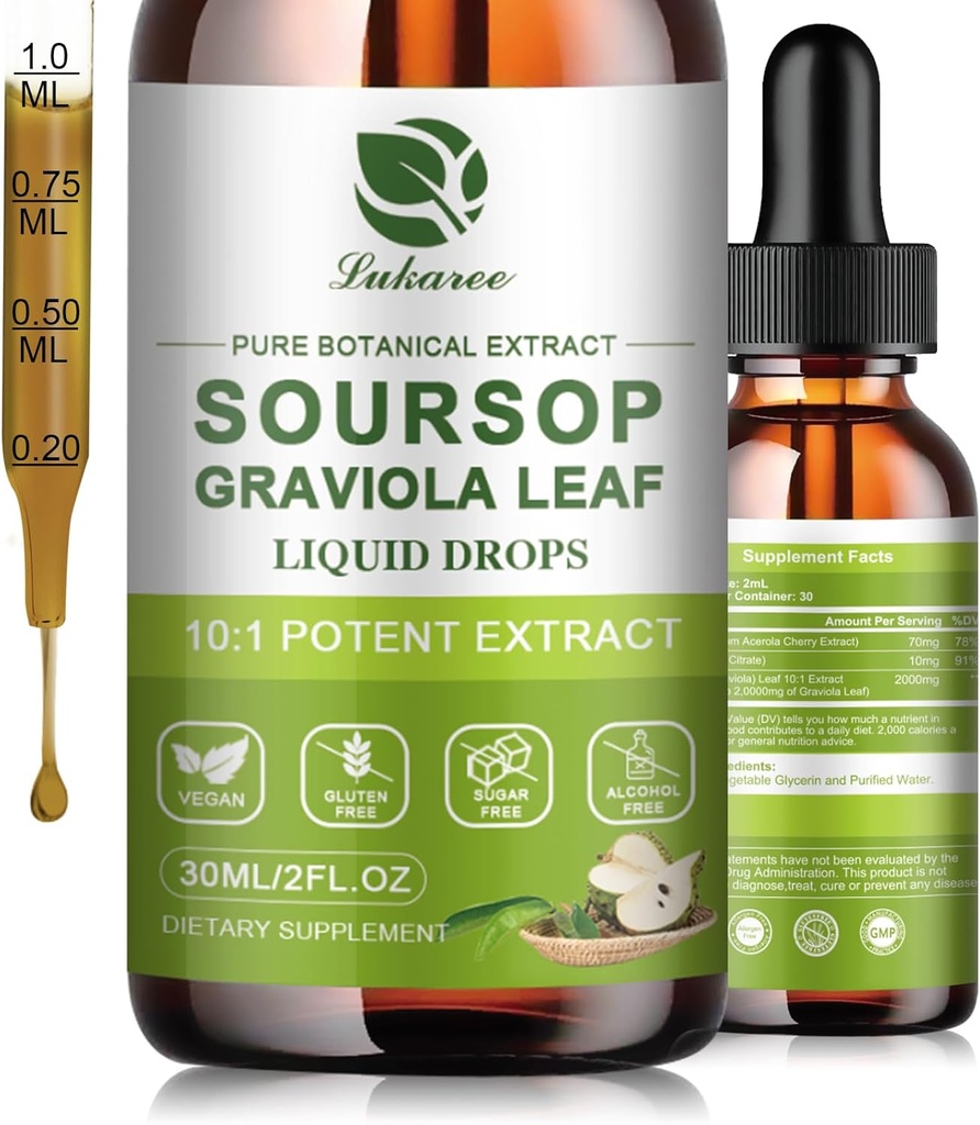 Nature Soursop Bitters Liquid, 15 Days Supply Graviola Oil for Cell Support & Regeneratie, Antioxidant, Immuun Boost, Digestief, Suikervrij, Glutenvrij, Zure SOP Multivitamine Drops 1 FL OZ