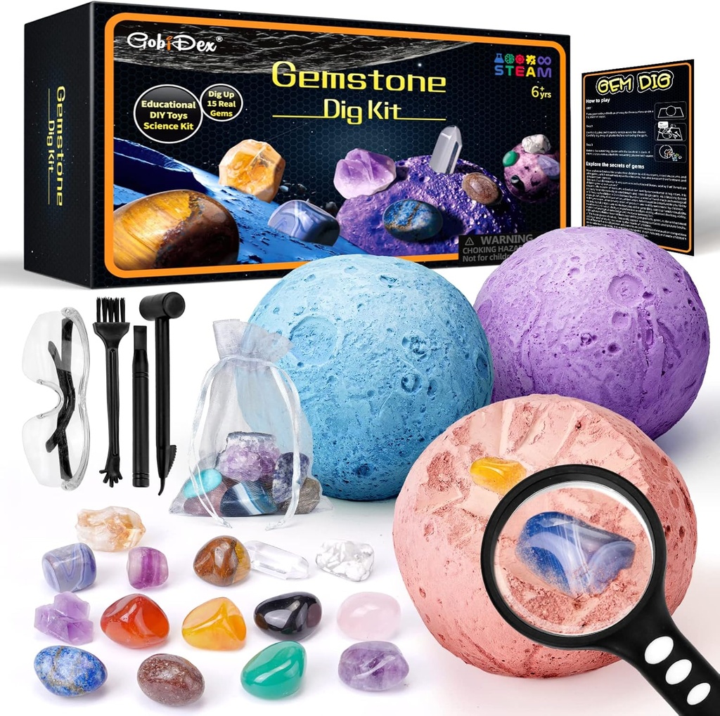 GobiDex Edelstenen Dig Kit, Solar System Science Kit voor kinderen, Graven 15 echte edelstenen, STEM Educatieve Speelgoed Planet Collection Kit, Archeologie Geologie Wetenschap Projecten Cadeau voor jongens&meisjes leeftijd 6+