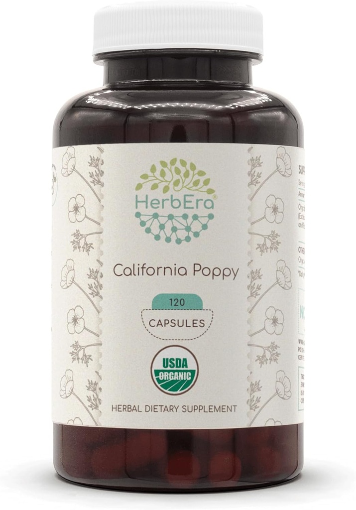HerbEra California Poppy USDA Organic 120 Capsules | Certified Organic Vegetarian Capsules and Organic California Poppy (Eschscholzia Californica) Dried Herb and Flower (120 Capsules)