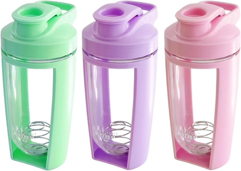 Moonlight Makers Set van 3 Cute 16oz Protein Shaker Bottle, Steel Whisk Ball - Leakproof, Vaatwasser Safe Gym Bottle, Shaker Cups voor Proteïne Shakes, Preworkout Drinks Mixer Cup - Roze, Groen, Paars