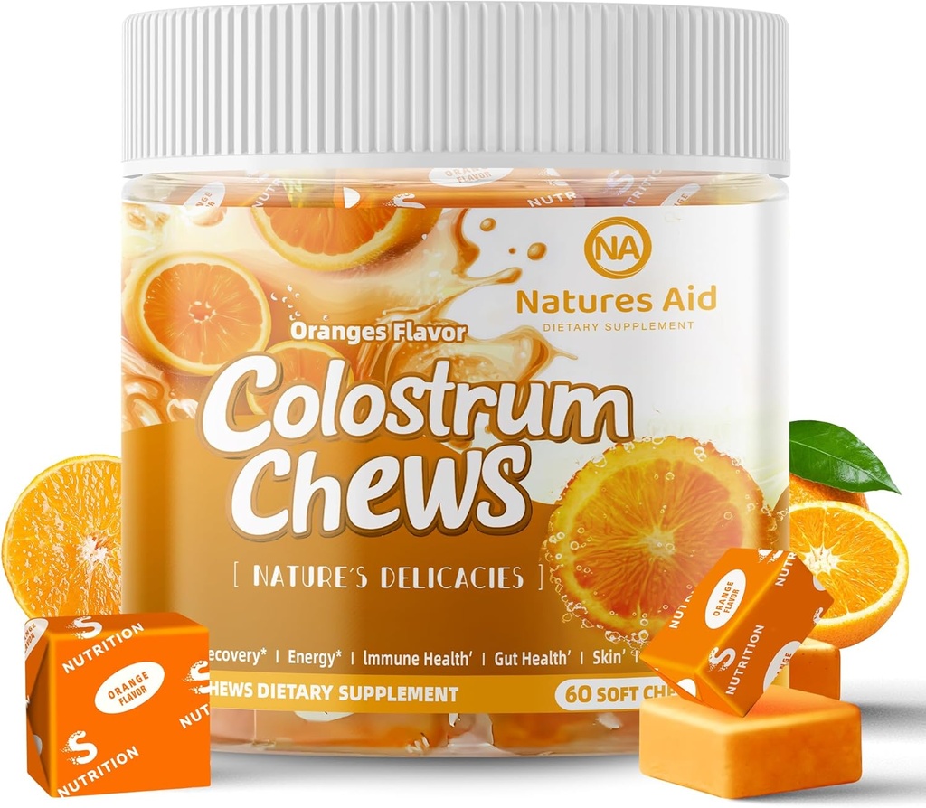 Colostrum Kauwt Supplement met probiotica voor Gut Health, Bloating, Immune Support, Huid, Haargroei en Schoonheid - Oranje smaak (60 Serven)