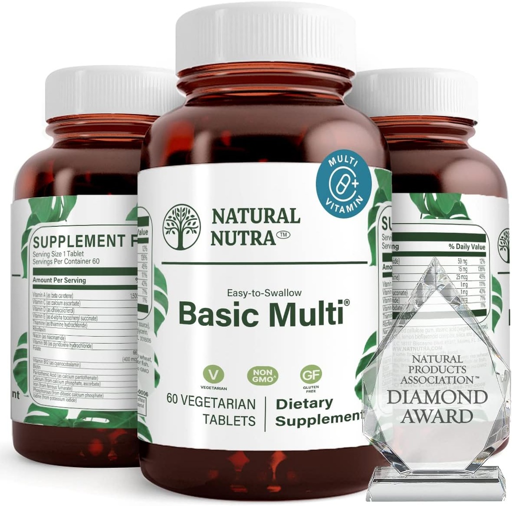 Natuurlijke Nutra Multivitamine en Mineraal voor Vrouwen en Mannen, Een dag Vitamine en Supplement, Vitamine B1, Calcium, IJzer, Fosfor, Vegetarisch, Glutenvrije, 60 Makkelijk doorslikken tabletten