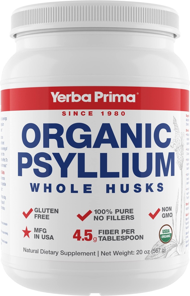 Yerba Prima Organic Psyllium Whole Husks Colon Cleanser - 20 oz - Natural Daily Dietary Fiber Supplement 20oz, Colon Cleanser, Regularity & Detox Reiniging Ondersteuning, Glutenvrij, Niet GGO, Veganistisch