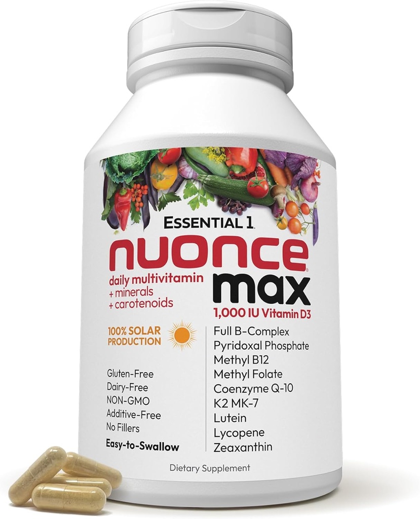 ANDREW LESSMAN Essential-1 nuonce max Multivitamine 1000 IE Vitamine D3 60 Kleine Capsules. 100 mcg Methyl B12. CoQ10 Luteïne Lycopeen Zeaxanthine. Hoge Potentie. Geen additieven. Ultra-Mild One Dagelijkse Capsule