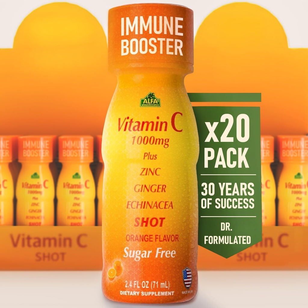 ALFA VITAMINS Vitamin C Shot 1000mg with Zinc, Ginger & Echinacea – Supports Immune Health & Daily Wellness – Orange Flavor – 2.4 FL Oz Bottle – 20 Pack