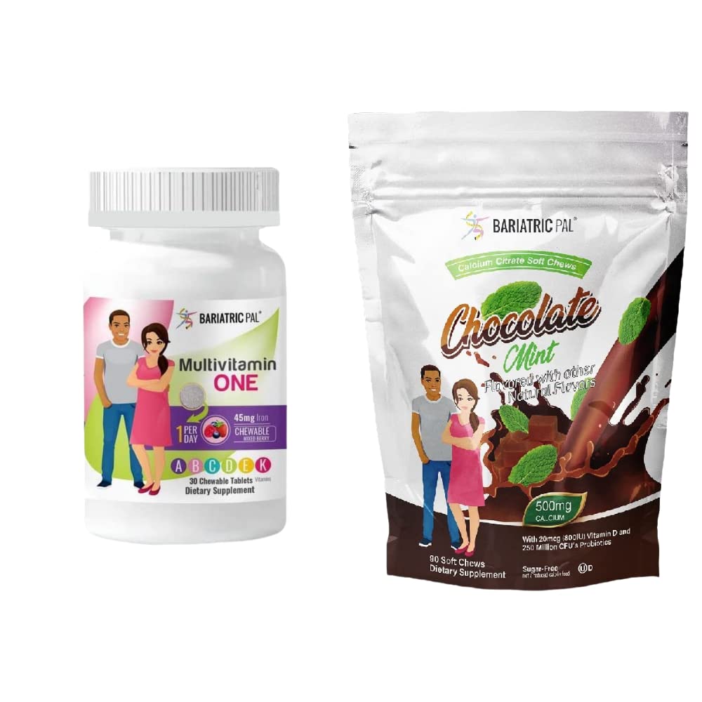 BariatricPal 30 dagen Bariatric Vitamine Bundle (Multivitamine ONE 1 per dag! Kauwbaar met 45mg ijzer - gemengde bes en calcium citraat zachte kauwt 500mg met Probiotica - chocolademunt)