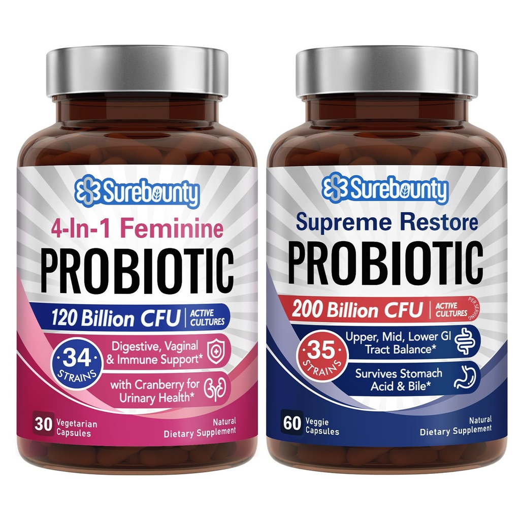 Probiotic Bundle, 4-in-1 Vrouwelijke Probiotica (30ct) & Supreme Restore Probiotic (60ct), 2 Packs, Cranberry Vaginale Ondersteuning, GI Tract Balance, Veganist, Non-Dairy
