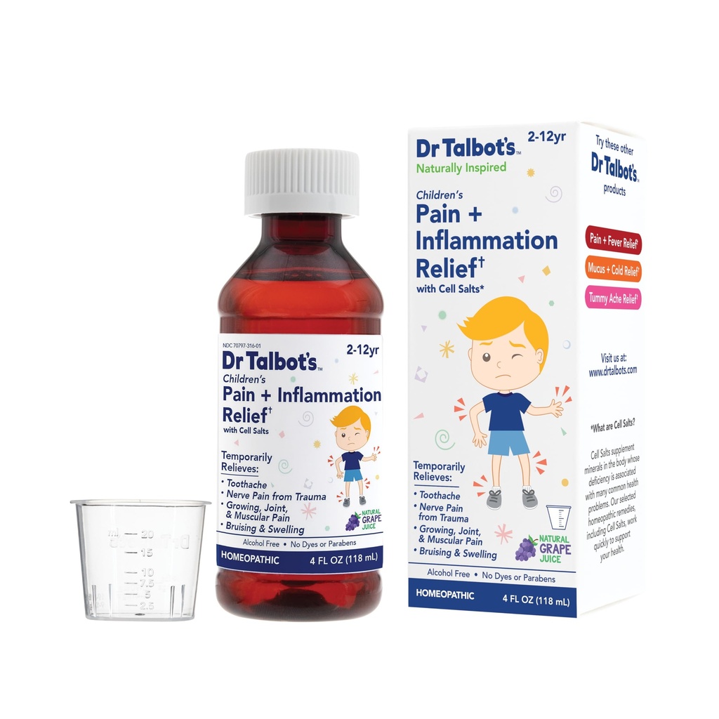 Dr. Talbot's pijn + ontsteking verlichting vloeibare geneeskunde voor kinderen, Inclusief dosering beker, druivensap smaak, 4 Fl Oz (Verpakking mei Vary)