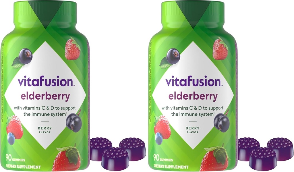 Vitafusie Vlierbessen Gummy Vitaminen, 90ct Vlierbessen Gummy Vitaminen, Kauwtabletten, 90 Tellen (pakket van 2)
