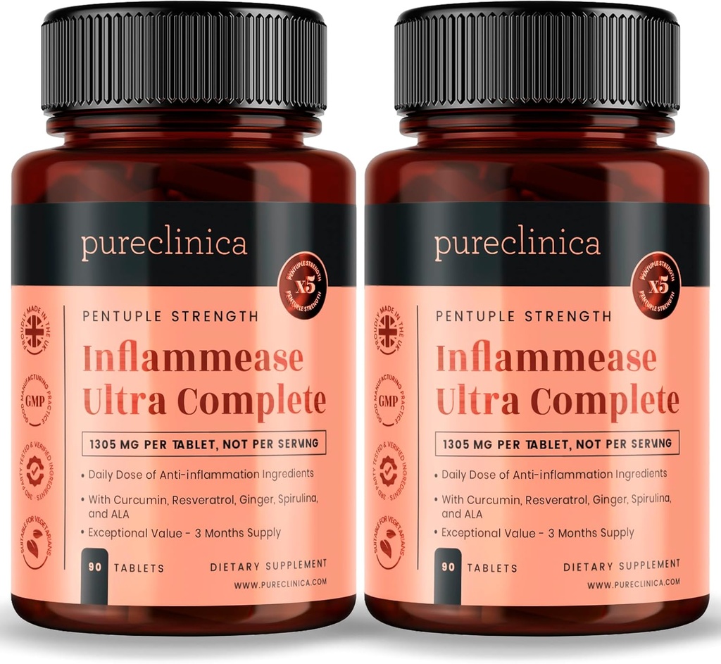 pureclinica Inflammease Ultra Complete (Resveratrol, Ginger, ALA, Spirulina, Curcumin- 5 Supplements in one) 1305mg x 180 Tablets - 2 Bottles of 90 Tablets - 6 Months Supply!