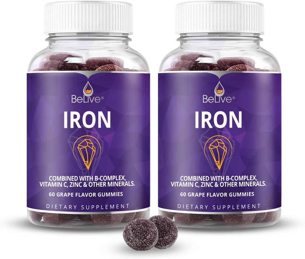 BeLive Iron Gummies - Multivitamine Iron Supplement met vitamine C, A, B & Zink, Ondersteunt Blood Oxygen, Vegan Supplementen voor vrouwen, Mannen & Kids voor groei en ontwikkeling - Grape Flavor 2Pack
