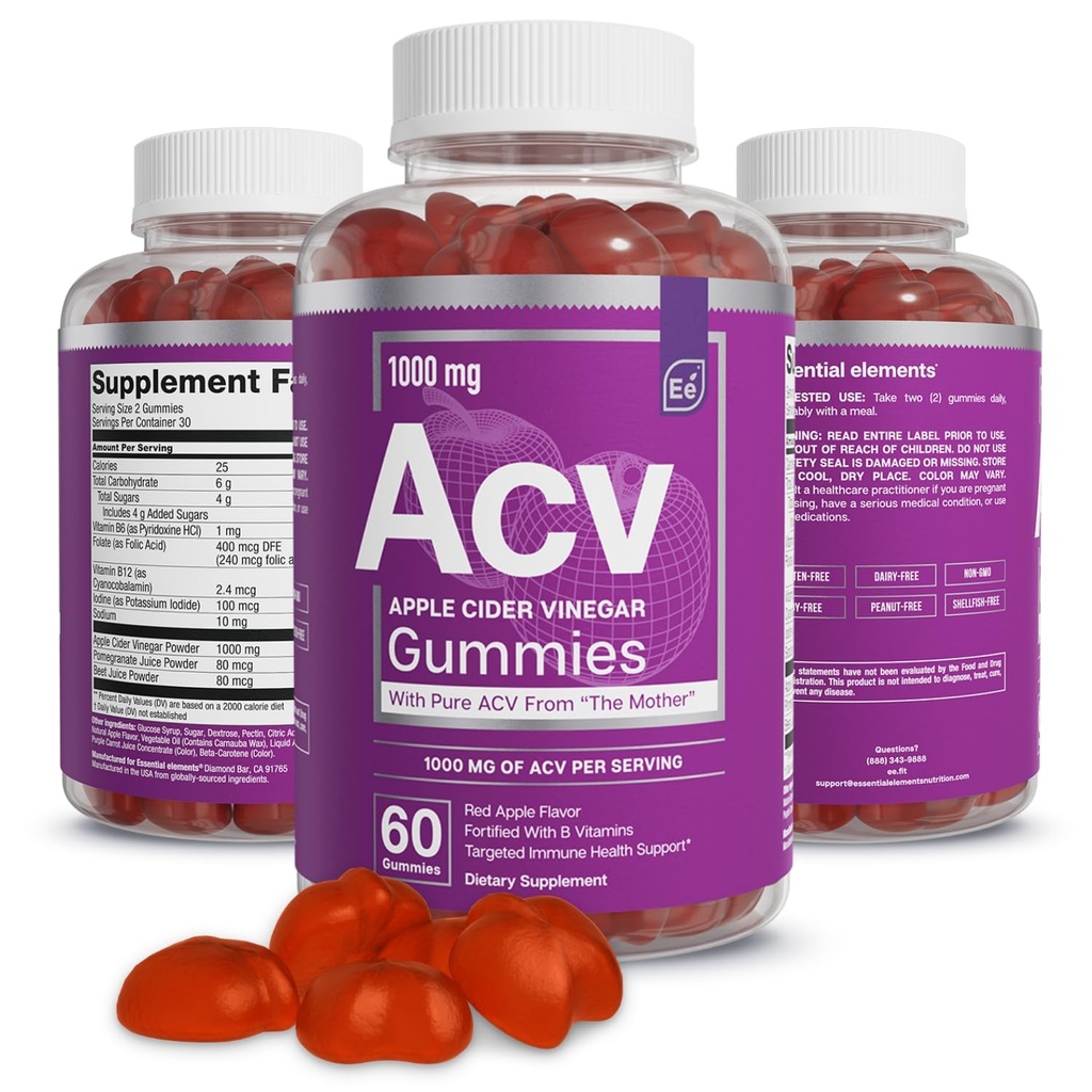 Essentiële elementen Apple Cider Vinegar Gummies van The Mother - 60 Tel (3 Pack)