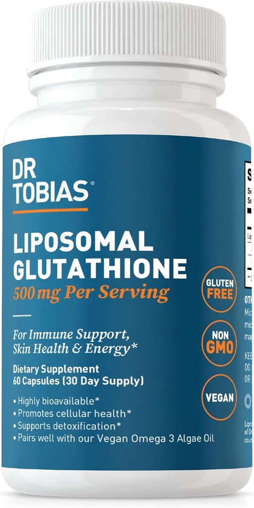 Dr. Tobias Liposomale Glutathion, 500mg per portie - Zeer Biobeschikbaarheid Glutathion Supplement, Ondersteunt Energie, Huid & Immuun Gezondheid - Veganistisch, Glutenvrij, Niet-GMO, 60 Capsules, 30 porties
