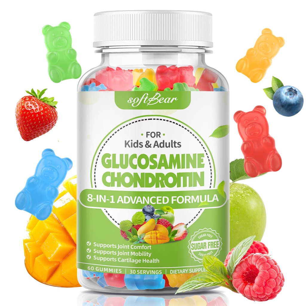 softbear Glucosamine Chondroitin Gummies voor volwassenen, Suikervrije Chondroitin & Glucosamine Voedingssupplementen voor gezamenlijke ondersteuning, gemengde fruitsmaak, 60 Tellen