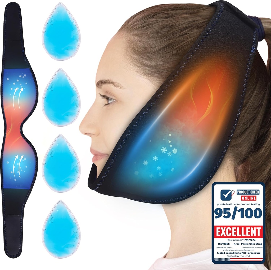 Premium 4 Gel Packs Chin Strap Flexibele Hot & Cold - Ice Packs voor Wijsheid Tanden Refreezable Face Neck Head Airflow Jaw Bra Herbruikbare Pack voor slaap TMJ Relief and Pain Management Cadeau