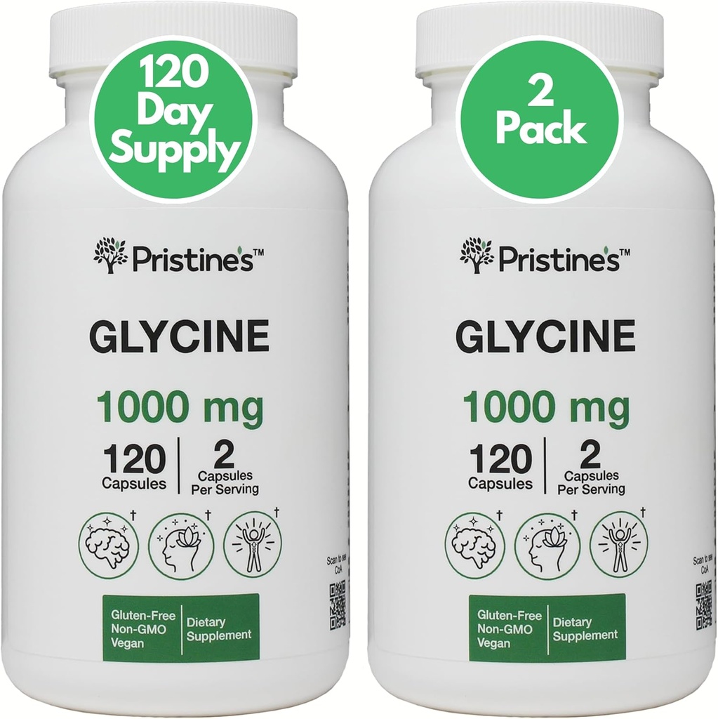 PRISTINE'S Glycine (2 Pack) 1000MG Aminozuur Sleep Support Supplement Capsules - 120 Day Supply - Muscle Recovery, Collageen & Nierondersteuning Supplement - Veganistisch, Niet GGO, Glutenvrij