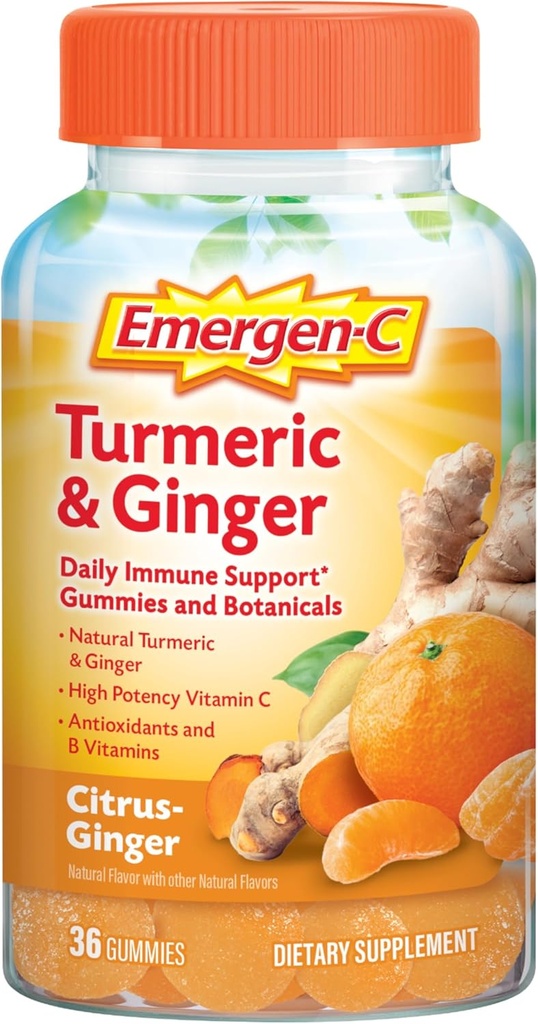 Emergen-C Citrus-Ginger Gummies, Kurkuma en Gember, Immuun ondersteuning natuurlijke smaken met hoge potentie vitamine C, Terug naar School Essentials - 36 Tellen