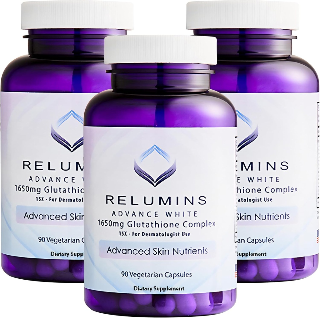 Relumins L-Glutathione Complex 1650mg - Antioxidant Ondersteuning met Alpha Lipoic Acid, NAC, L-Methionine, Vitamine E, Huid Gezondheid Supplement, Made in USA - 90 Vegetarische Capsules x 3 Flessen