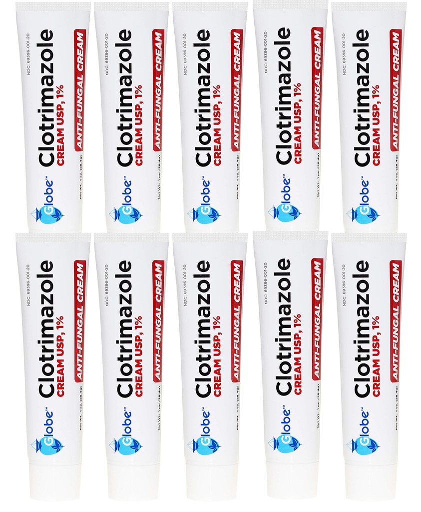 Globe Clotrimazool Antischimmel Cream 1% USP, 1 oz (10 Pack), Anti Schimmelbehandeling, Verlicht Jeuken, Branden, Cracken en Schalen Geassocieerde Atleten Voet, Jock Itch, Ringworm en meer