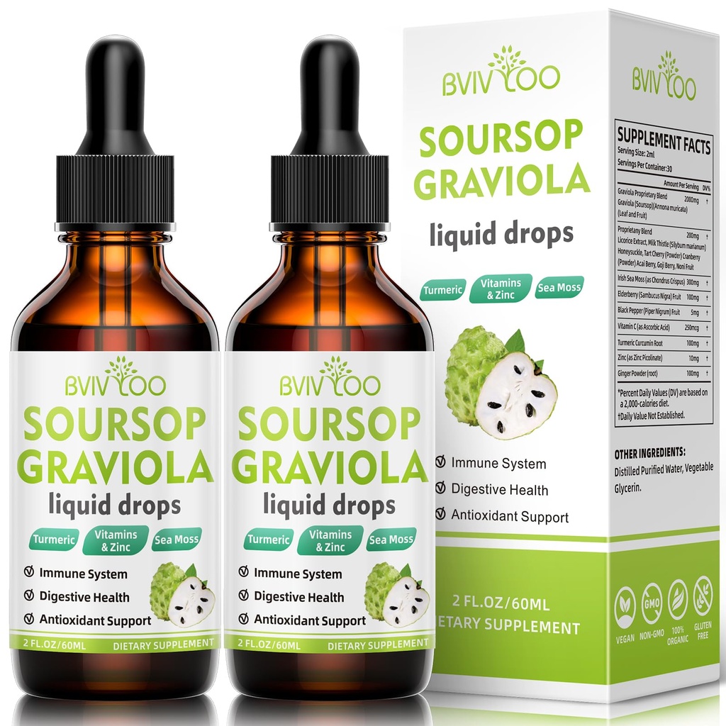 2 Pack Soursop Graviola Liquid Drops - 2000mg Pure Sousop Extract gemengd met 300mg Sea Moss & 100mg Vlierbes - Krachtige Cell Support, Antioxidant-Rich, Immune-Boosting - 4 Fl Oz (120ml) Fles