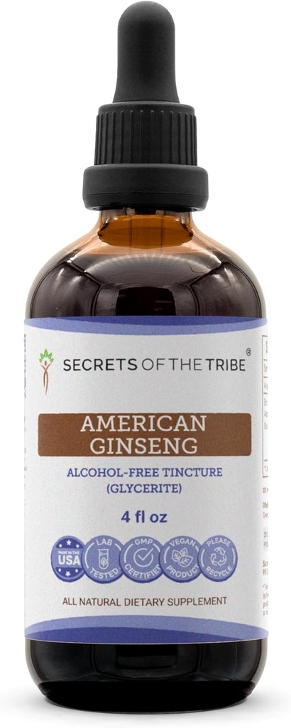 Secrets of the Tribe American Ginseng Tinctuur Alcoholvrij Liquid Extract, Farm Grown American Ginseng (Panax Quinquefolius) Gedroogde Wortel (4 FL OZ)
