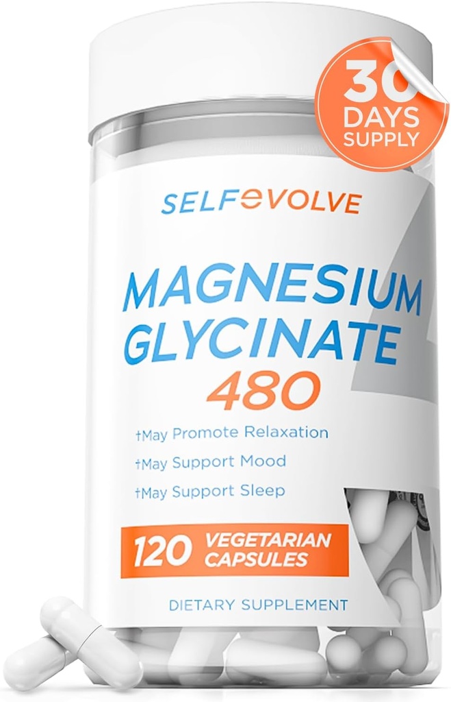 Magnesium Glycinate 480mg - Hoge Absorptie Magnesium Supplement Ondersteuning Stress Relief, Slaap, Hart Gezondheid, Zenuwen, Spieren, en Metabolisme, 120 Veggie Capsules, 1 Maand Levering