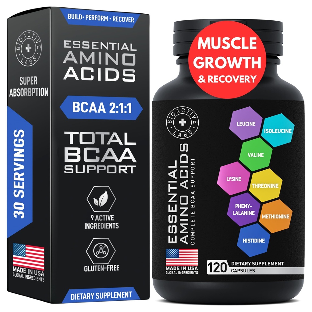 Essentiële Aminozuren Supplement voor vrouwen en mannen - Vegan BCAA Aminozuur Complex voor spiergroei met alle 9 BCAA's essentiële Aminos - Advanced workout Power & Recovery Formula - 120 EAA BCAA Pillen