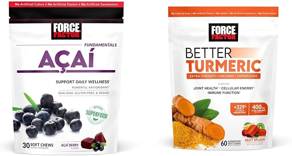 Force Factor Acai Zachte Kauwen voor Immune Ondersteuning en Betere Kurkuma Gezamenlijke Ondersteuning Supplement met HydroCurc Kurkuma Curcumin, 30 en 60 Zachte Kauwen