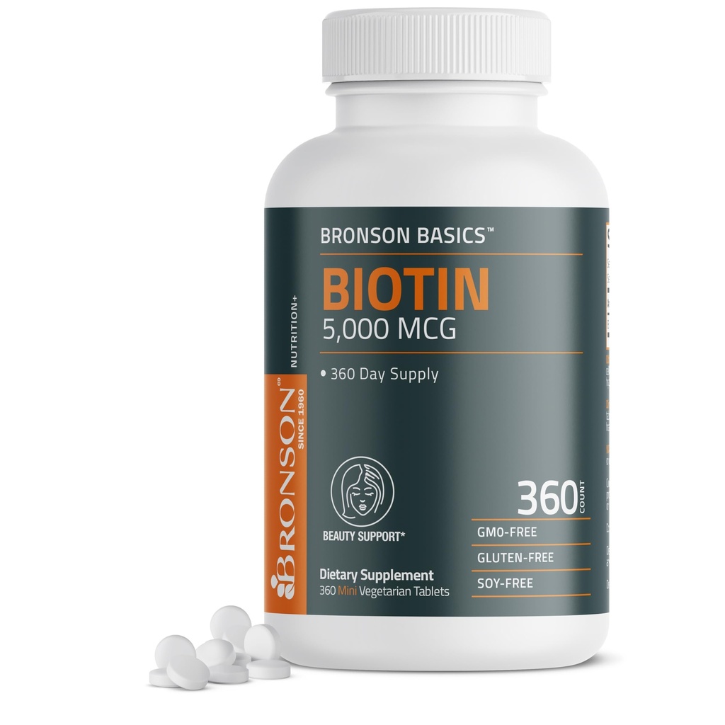 Bronson Biotin 5.000 MCG ondersteunt gezond haar, huid en nagels en energieproductie - High Potency Beauty Support - Non-GMO, 360 Vegetarische tabletten