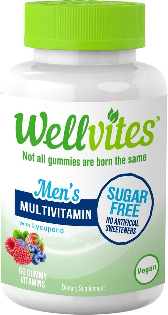 Wellvites Suikervrije Multivitamine Gummies voor mannen, Vegan en Non-GMO - Vitamine A, B6, en B12, Biotine en Folaat, Vitaminen voor mannen, Geen kunstmatige zoetstoffen, Glutenvrije, 60 Tellen (30 dagen levering)
