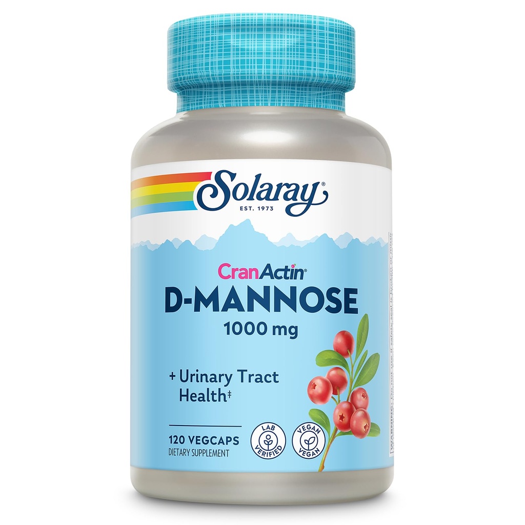 SOLARAY D-Mannose 1000mg met CranActin Cranberry Extract - D Mannose en Cranberry Supplement met Vitamine C - Ondersteunt Urinaire Tract Gezondheid - Vegan, 60-dagen garantie