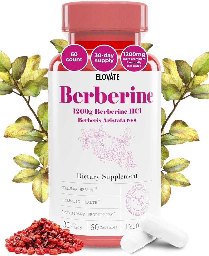 Elovate Berberine HCI Capsules, 1200mg - All-Natural, 3rd-Party-Tested, Non-GMO & Gluten-Free Berberine Supplement for Heart & Digestion, 60 Counts