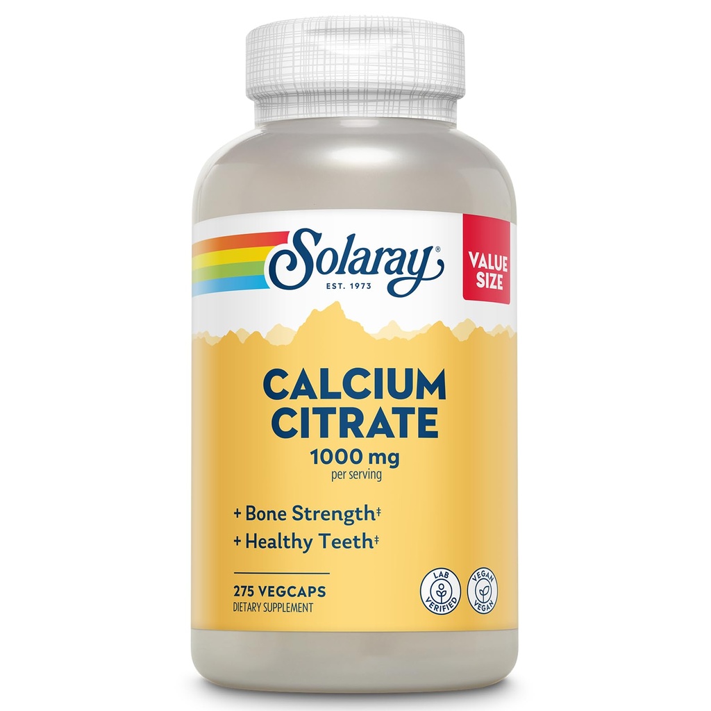 Solaray Calcium citraat 1000mg - Gecheld Calcium Supplement - Ondersteunt bot sterkte en gezonde tanden - Gemakkelijk te Digest - 60-dagen garantie, Vegan - 68 porties, 275 VegCaps
