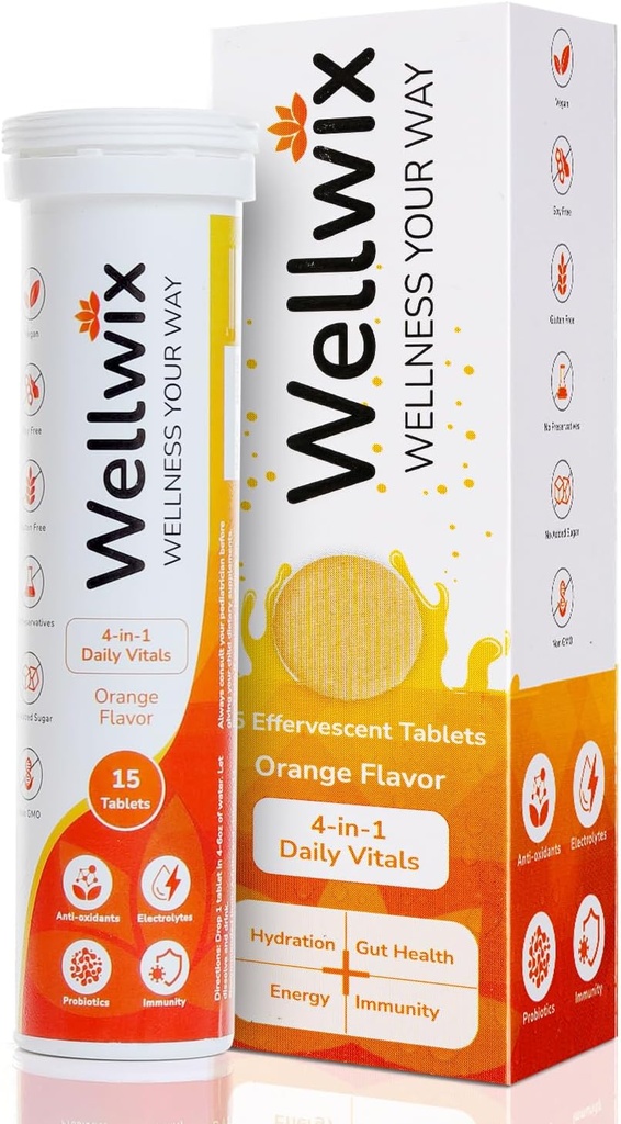 4-in-1 Daily Vitals for Wellness - Elektrolyten, Immuniteit, Antioxidanten en Probiotica. Vitamine C 1000 mg, natrium 200 mg, kalium 100 mg, vitamine D3, B12 en meer. Bruistabletten