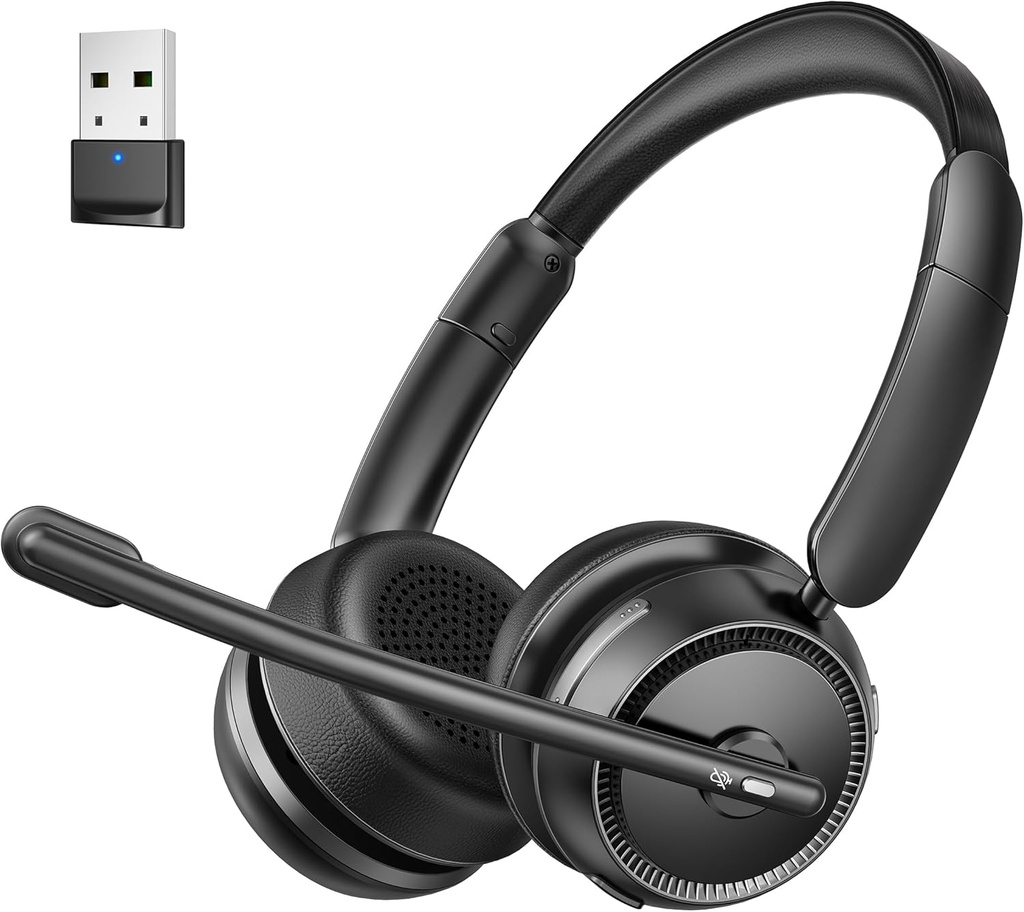 Bluetooth Headset met AI Noise Cancelling Microphone, Stereo HiFi Bluetooth Headphones, Draadloze Headset met USB Dongle voor Computer Office Call Center Skype Zoom Meeting Trucker