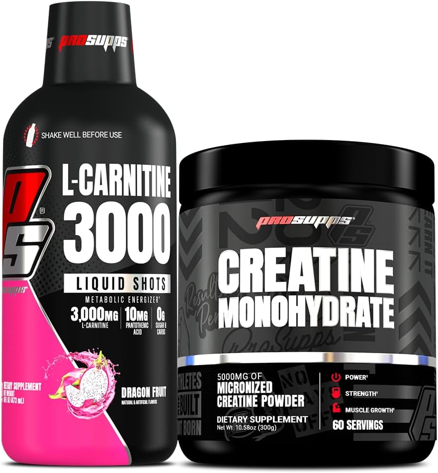 PROSUPPS L-Carnitine 3000 Stimulerende Vrije Liquid Shots (31 Servings, Dragon Fruit) en Creatine 300 Monohydraat (60 Servings) Bundel