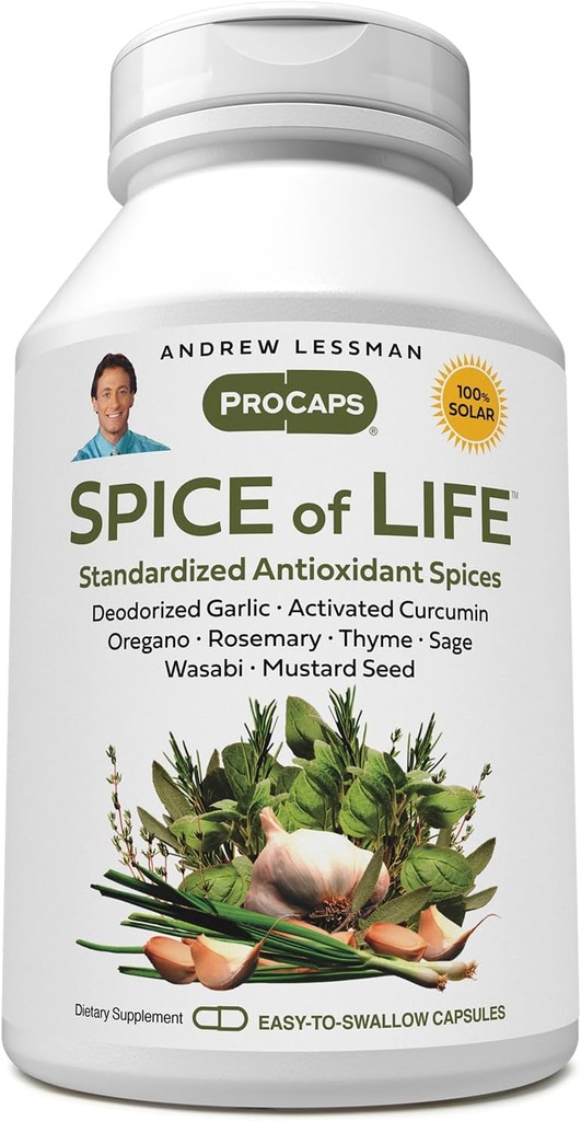 ANDREW LESSMAN Spice of Life 240 Capsules - Acht wetenschappelijk opgerichte Extracten, Concentraten. Health Promoting Spices. Knoflook, Curcumine, Oregano, Rozemarijn, Salie, Tijm, Mosterdzaad, Wasabi