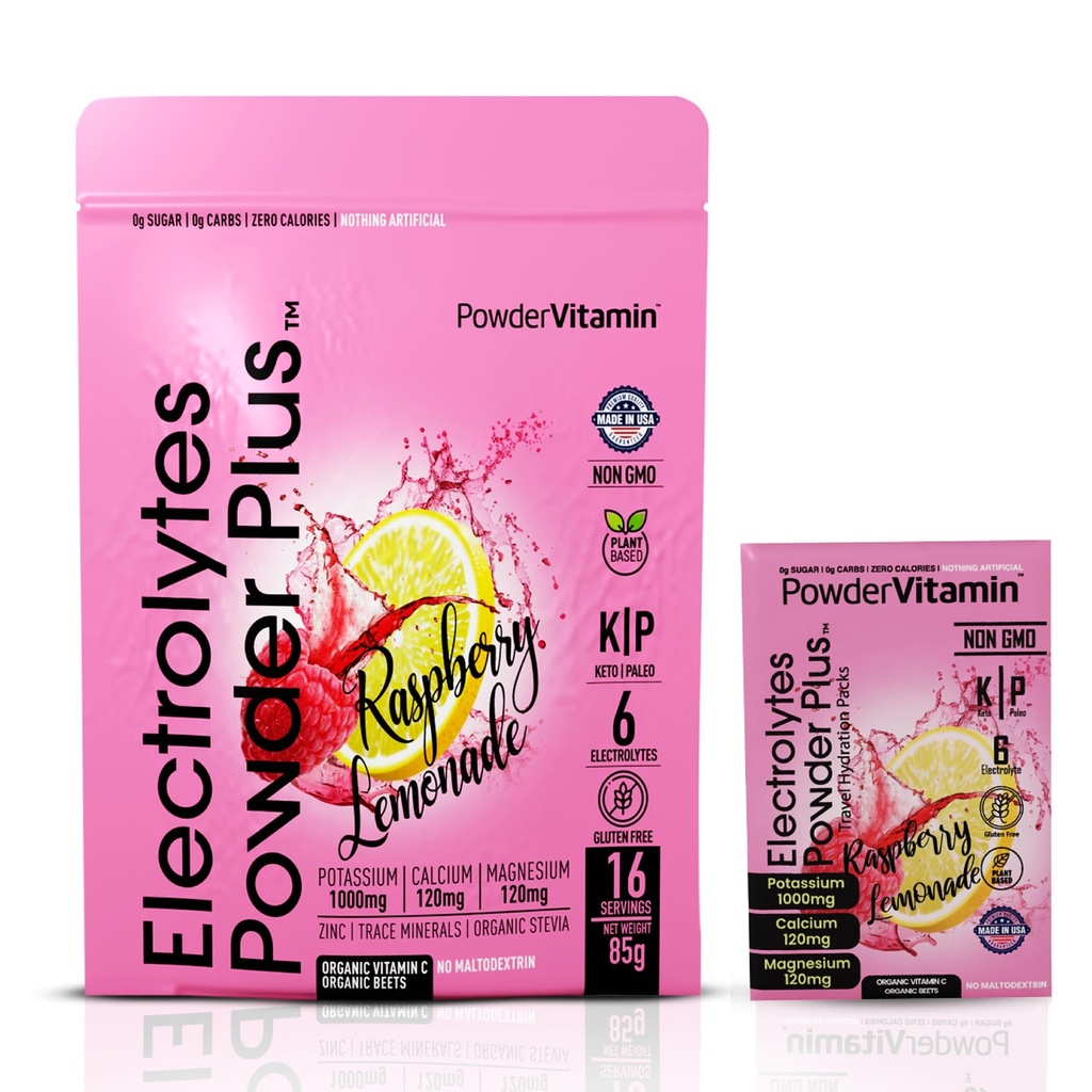 PoederVitamine Electrolytes Powder Plus, Keto, Raspberry Lemonade, Suikervrij, Roze Himalaya Zout, 1000mg Kalium, 120mg Calcium, 120mg Magnesium, Non-GMO, Zero Calorieën, (16 Hydration Packets)