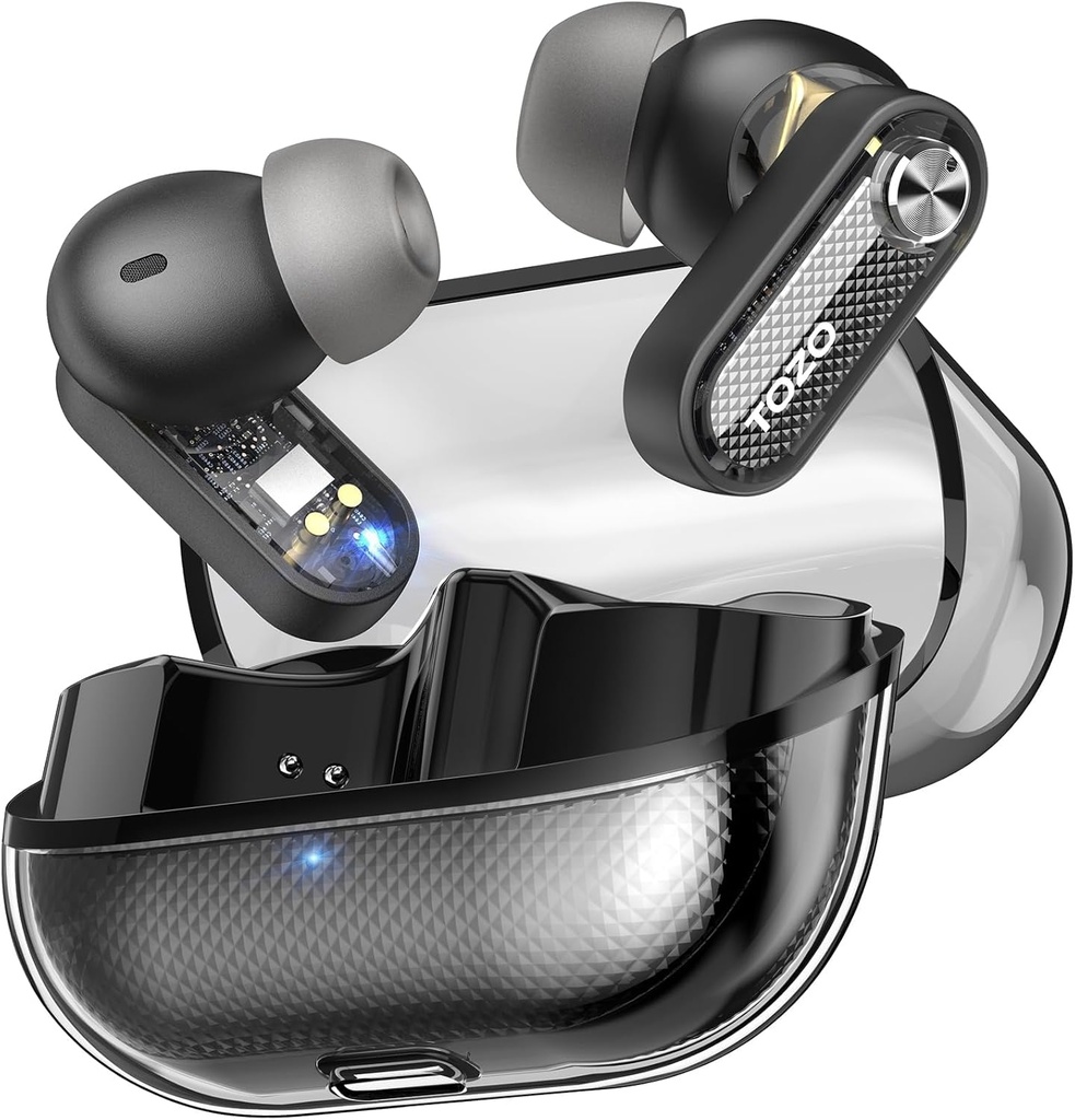 TOZO Crystal Pods Hybrid Active Noise Cancelling Draadloze oordopjes, 10mm Drivers Deep Bass Stereo Sound, 4 Mics Smart ENC AI Calls, 32 EQ via App, Bluetooth 5.4 Hoofdtelefoon, Crystal Case Design