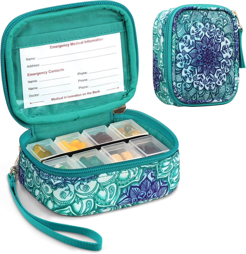 FINPAC Pill Organizers, 8 Compartiments Travel Pill Case voor Weekly 7 Days Medication Care, Compact & Cute Medicine Vitamine Dispenser en houders (Emerald Illusions)