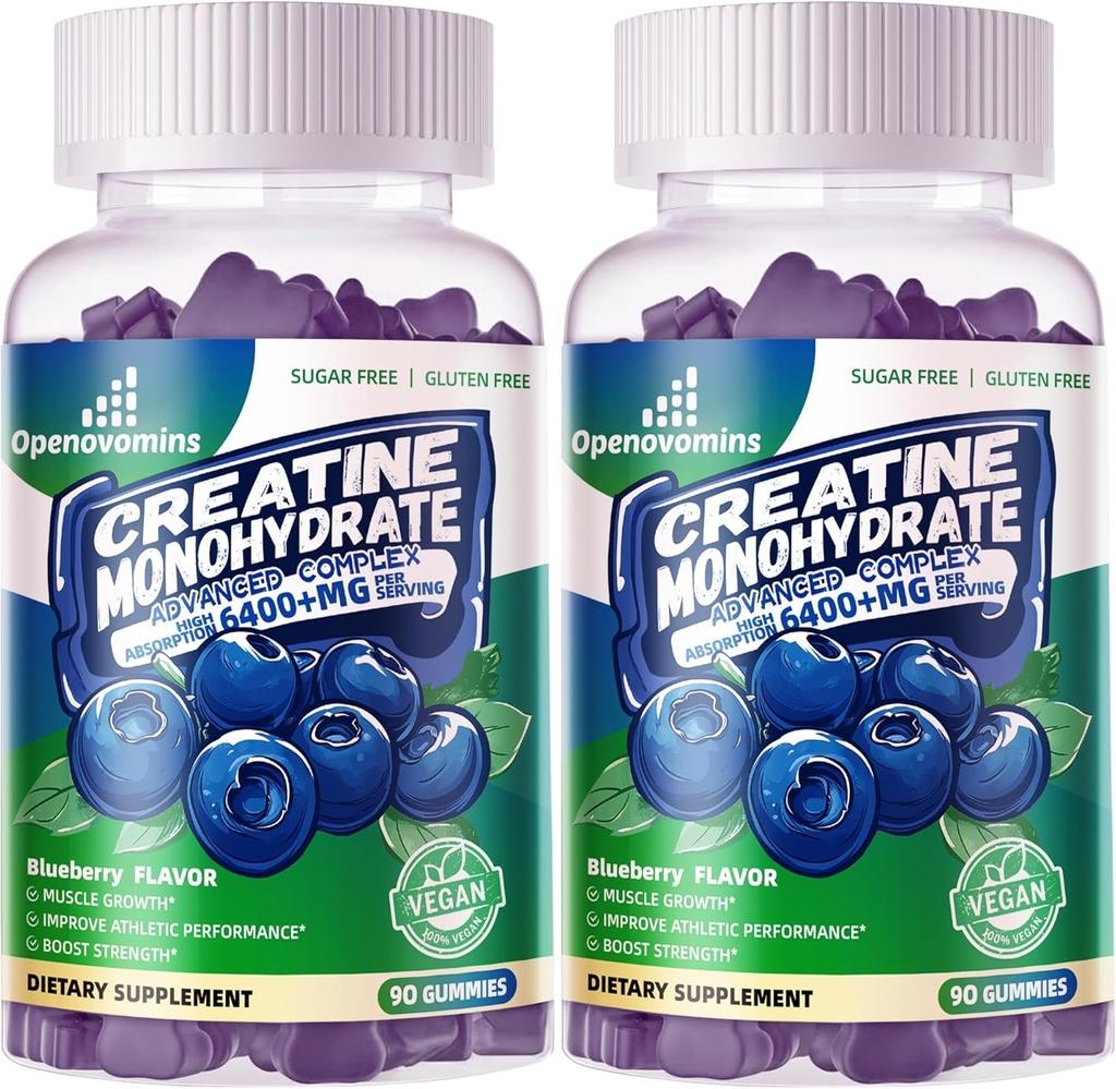Creatine Monohydraat Gummies Complex for Men & Women - Advanced Formula W/L-Taurine + Vitamine B12, Suikervrij Kauwbare Supplement,180 Blueberry Gummies 2pack
