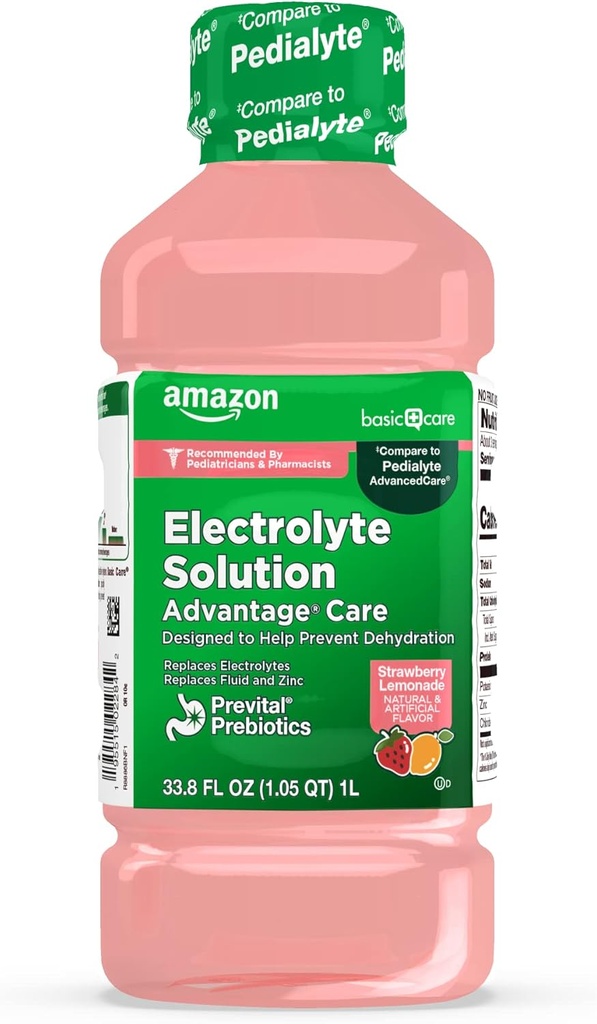 Basic Care Advantage Care Electrolyte Solution with Prevital Prebiotics, Strawberry Lemonade, Hydration Drink, Replenish Electrolytes, Fluid & Zink, 33,8 fl oz (Pack of 1)