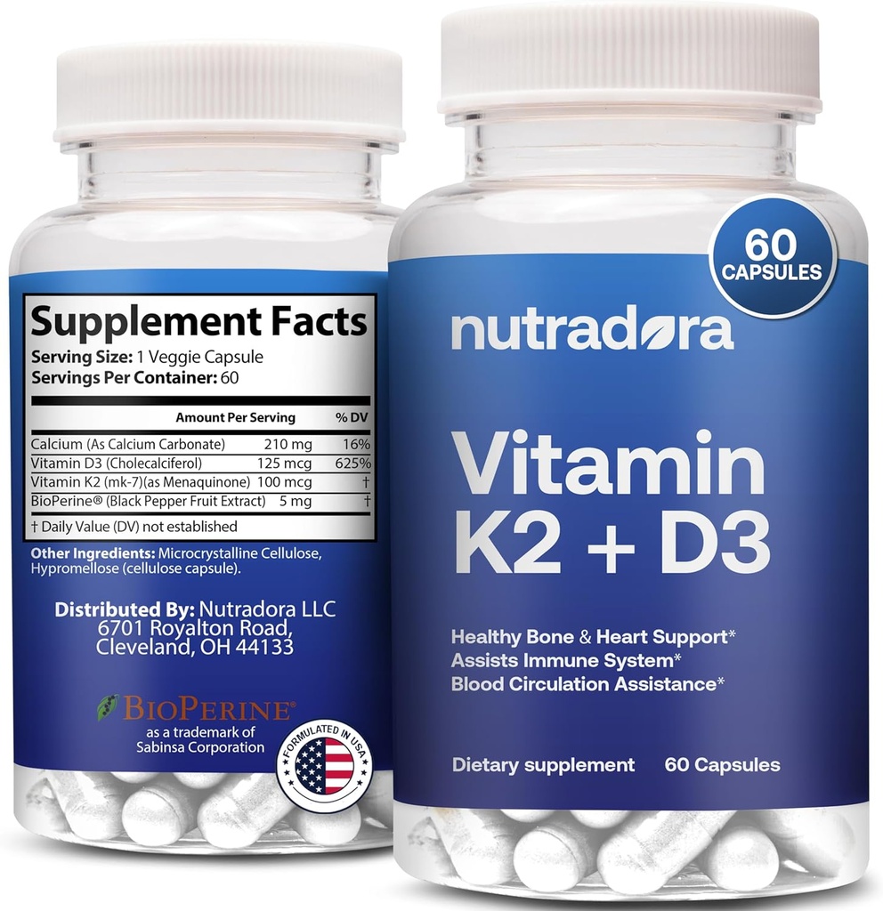 Vitamin D3 K2 Capsules for Men and Women - K2 D3 Vitamin Supplement for Healthy Heart and Bone Support, Immune System & Blood Circulation Assistance, Formulated in USA, 60 Veggie Capsules