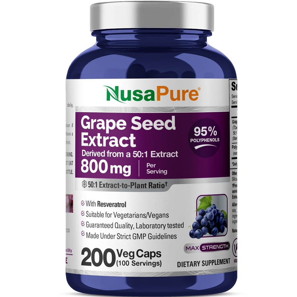 NusaPure Grape Seed Extract 40.000mg per caps, 200 Vegan Capsules, Gestandaardiseerde, Niet-GMO, Glutenvrij, Resveratrol
