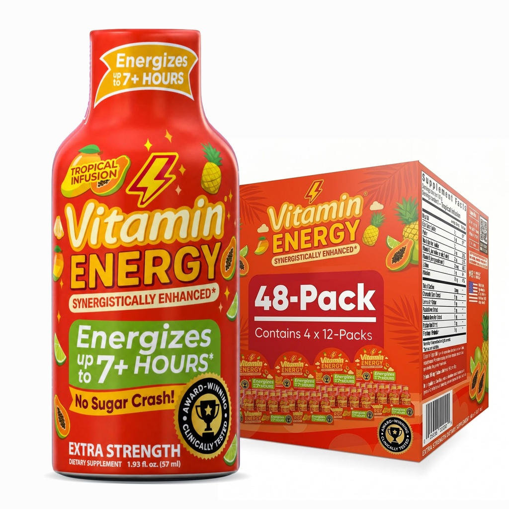 Vitamine Energie Focus+ Extra sterkte Energie Shot Tropische Infusie 48 Pack, 260mg Natuurlijke Cafeïne, B-Vitaminen, CoQ10, Aminozuren, Focus, Productiviteit & Duidelijkheid, Zero Sugar, Gluten-Free, 1,93 fl oz
