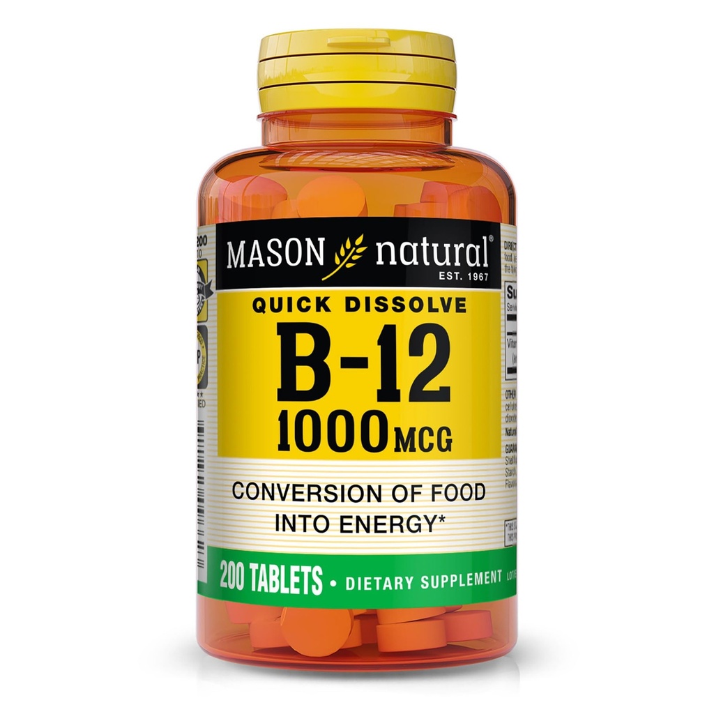 MASON NATUURLIJKE B12 1000 mcg Quick Solution Tablets for Healthy Conversion of Food in Energy, 200 Day Supply